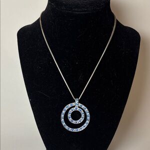Silver Tone Chain Blue Silver Rhinestone Circular Pendant Necklace 15” with ext